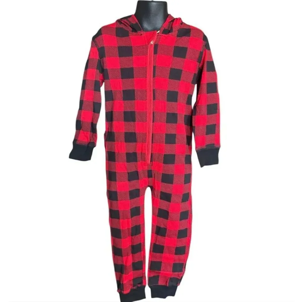 New Toddler Boys Boutique Buffalo Plaid Reindeer Hooded Coveralls Jumpsuit - 2